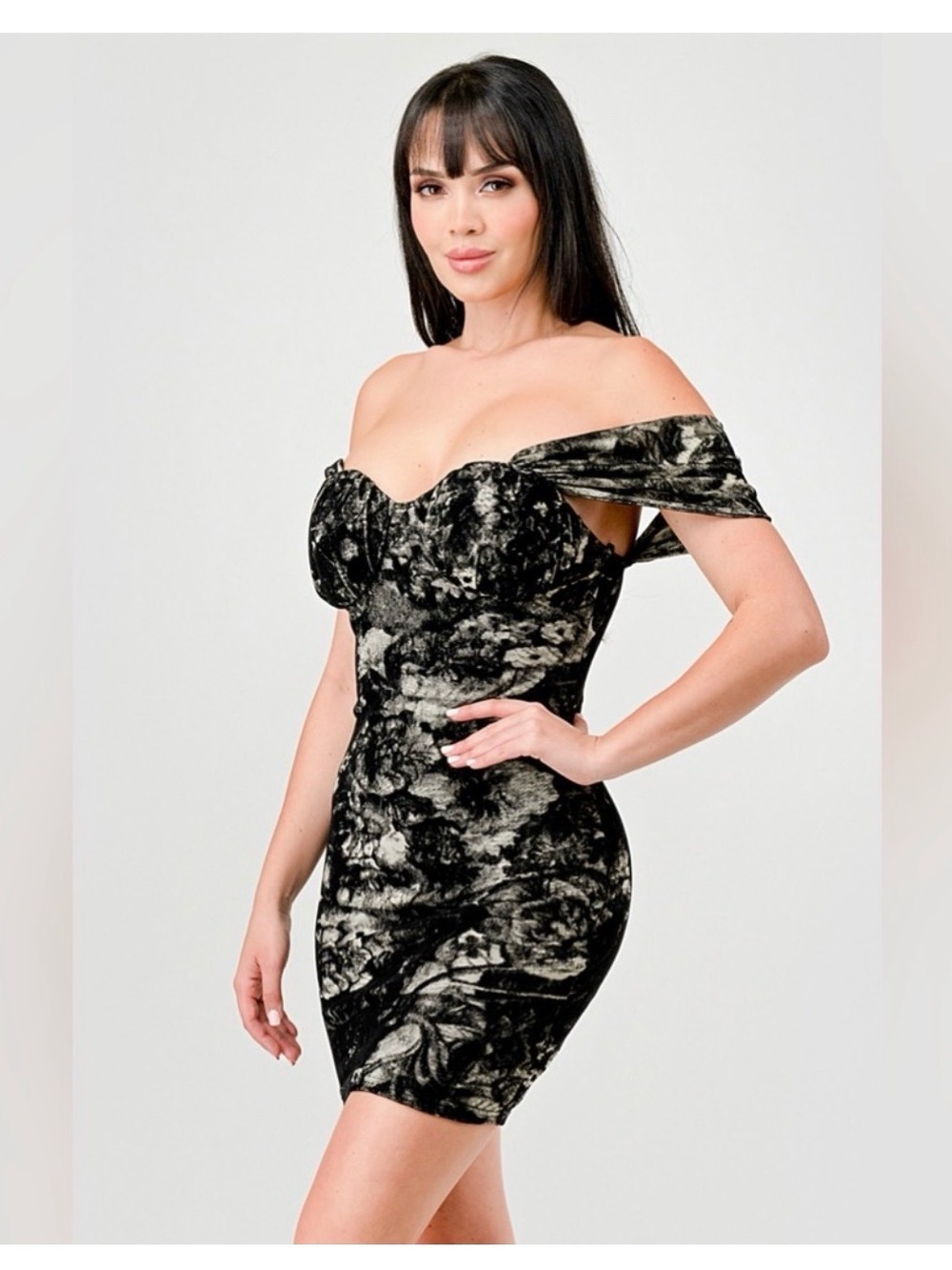 privy Black and White Off-Shoulder Mini Dress with Marble Print - Picture 7 of 8